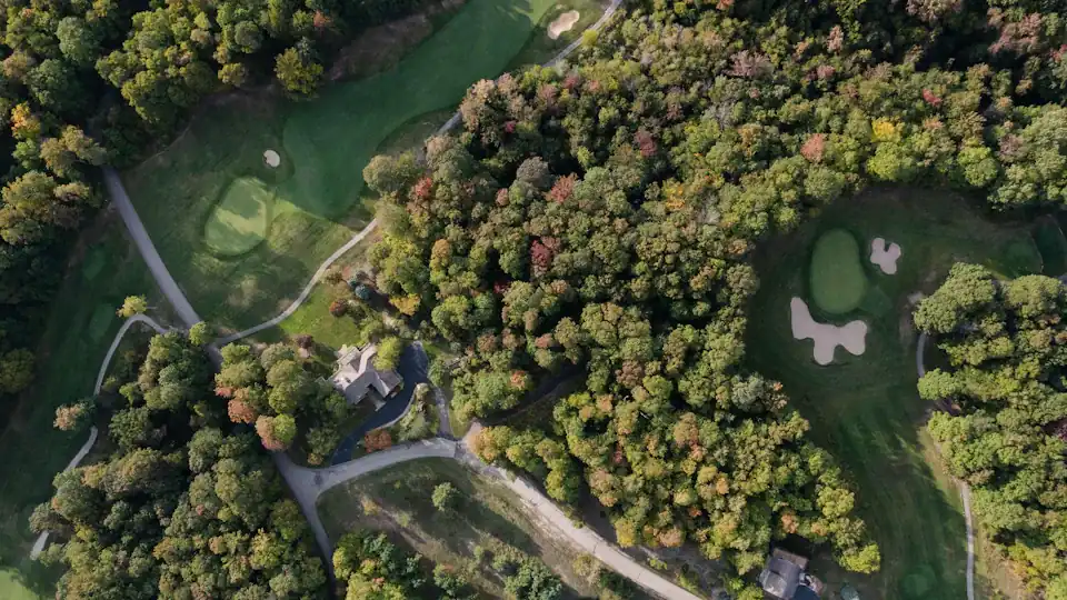 Aerial view of a golf course surrounded by trees