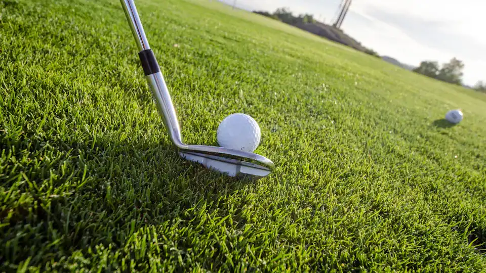 Wedge resting behind a golf ball on the fairway